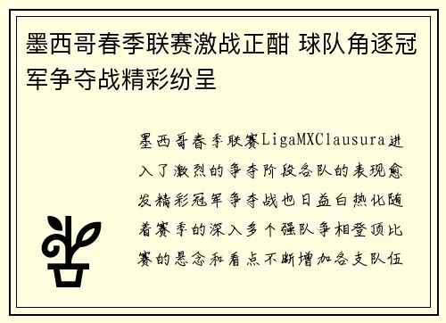 墨西哥春季联赛激战正酣 球队角逐冠军争夺战精彩纷呈