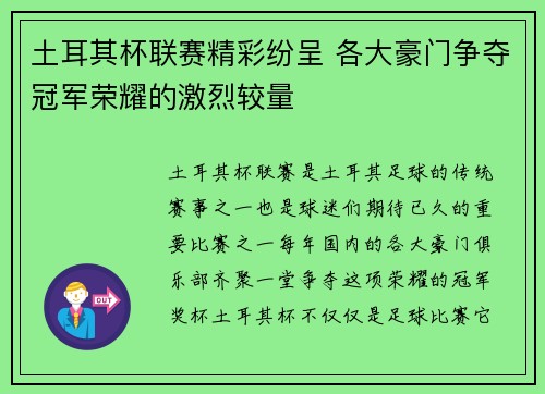 土耳其杯联赛精彩纷呈 各大豪门争夺冠军荣耀的激烈较量