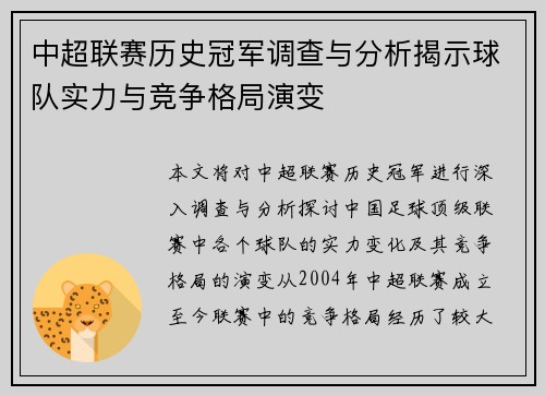 中超联赛历史冠军调查与分析揭示球队实力与竞争格局演变