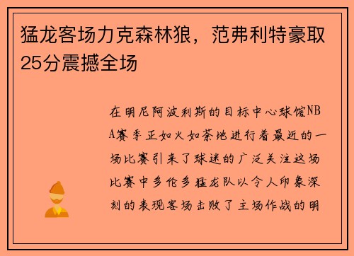 猛龙客场力克森林狼，范弗利特豪取25分震撼全场